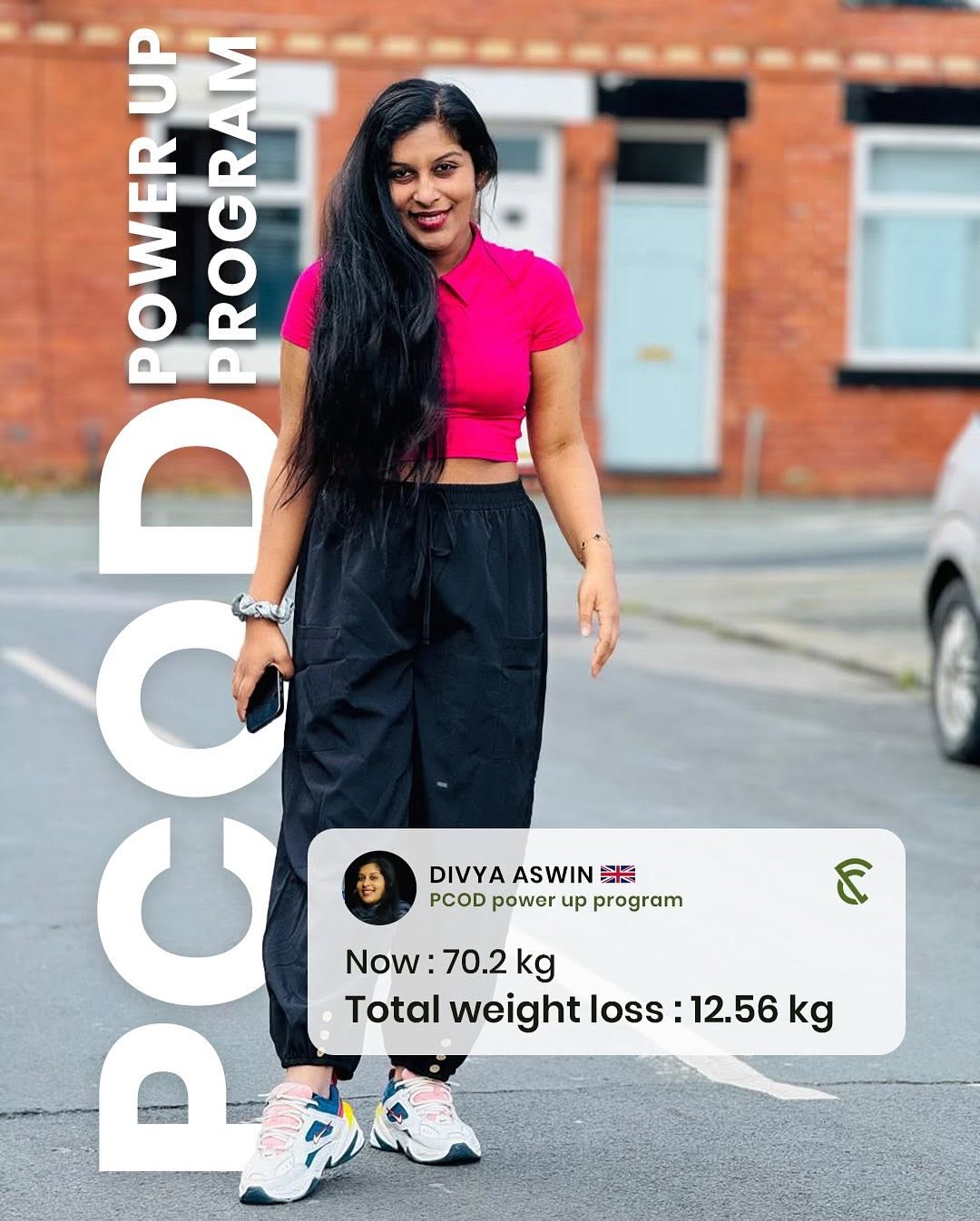 smiling and holding a testimonial card or speaking on camera, thanking Fitreat Couple for helping her lose 2 kilograms and achieve her body transformation goals."