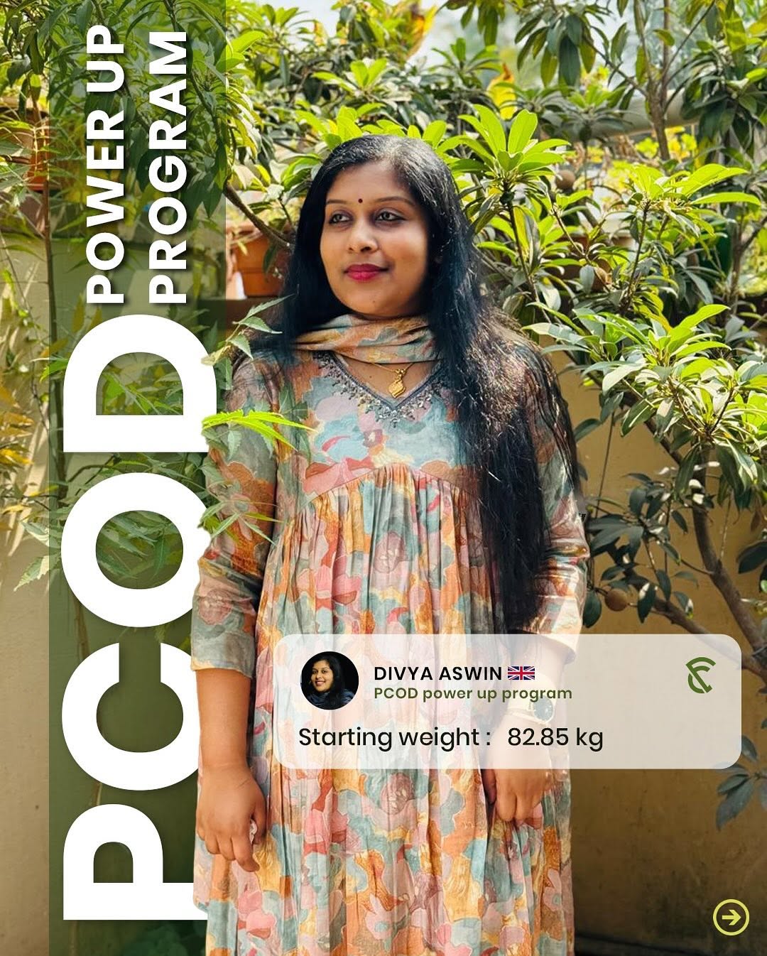 smiling and holding a testimonial card or speaking on camera, thanking Fitreat Couple for helping her lose 2 kilograms and achieve her body transformation goals."