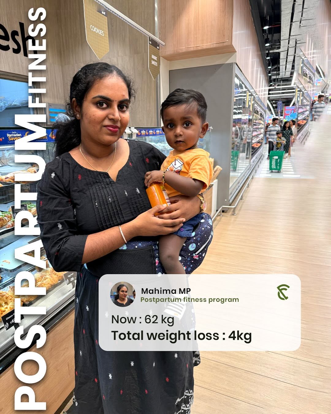 smiling and holding a testimonial card or speaking on camera, thanking Fitreat Couple for helping her lose 2 kilograms and achieve her body transformation goals."