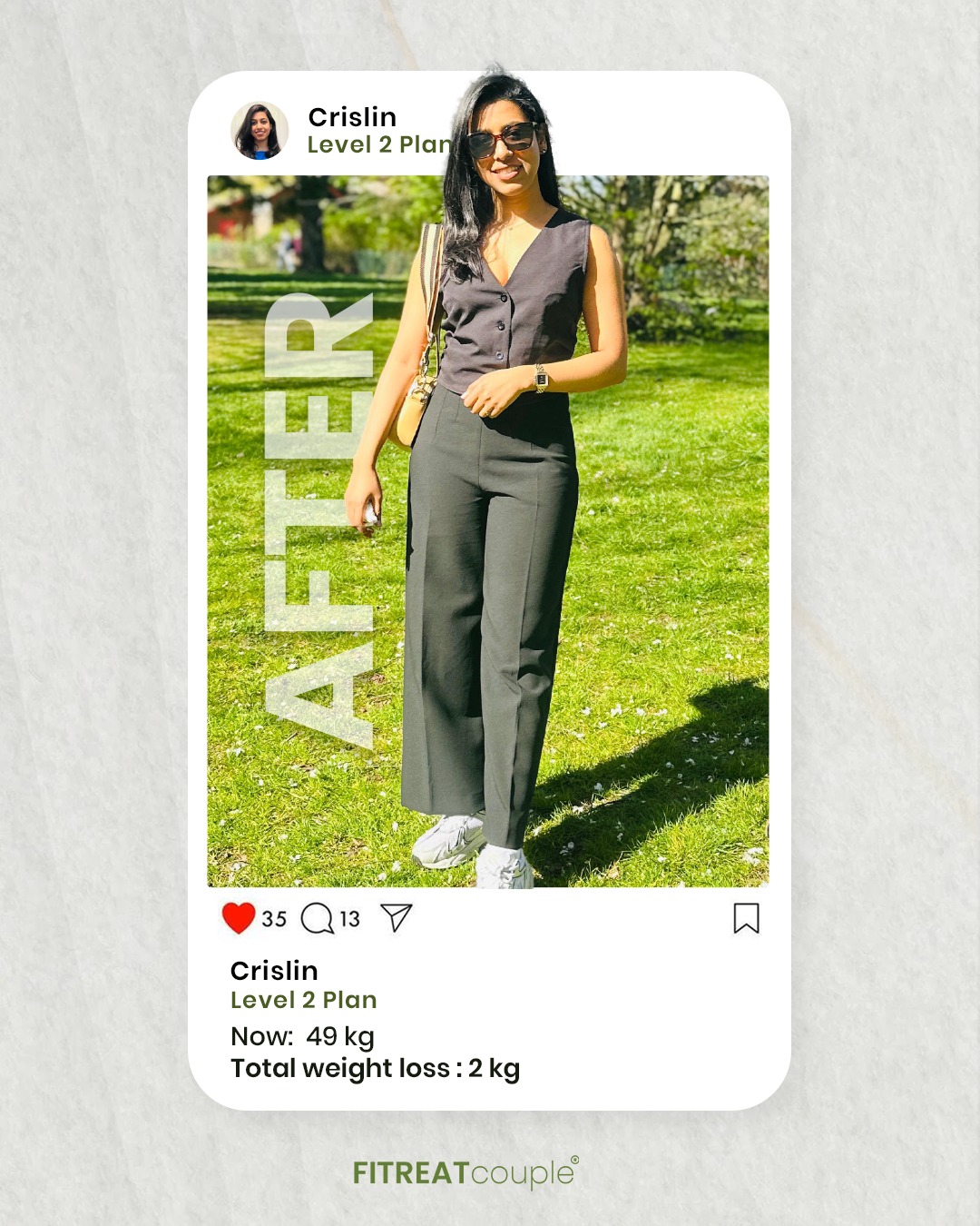 "Crislin smiling and holding a testimonial card or speaking on camera, thanking Fitreat Couple for helping her lose 2 kilograms and achieve her body transformation goals."