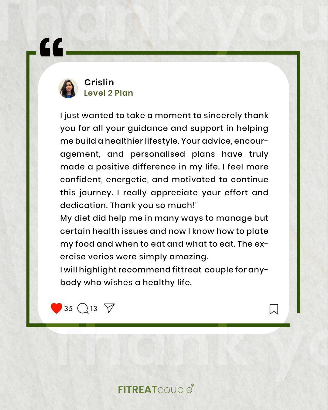 "Crislin smiling and holding a testimonial card or speaking on camera, thanking Fitreat Couple for helping her lose 2 kilograms and achieve her body transformation goals."