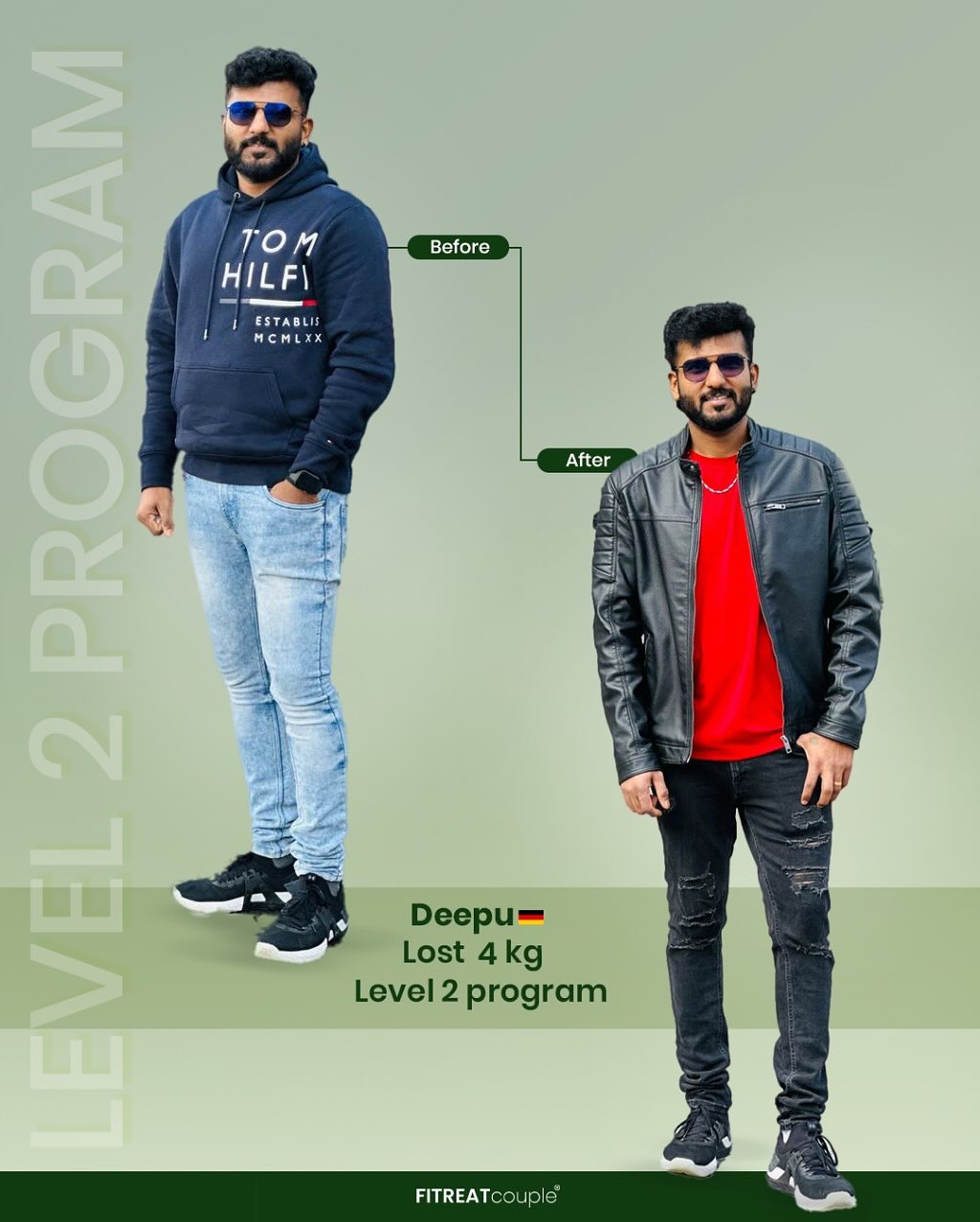 smiling and holding a testimonial card or speaking on camera, thanking Fitreat Couple for helping her lose 2 kilograms and achieve his body transformation goals."