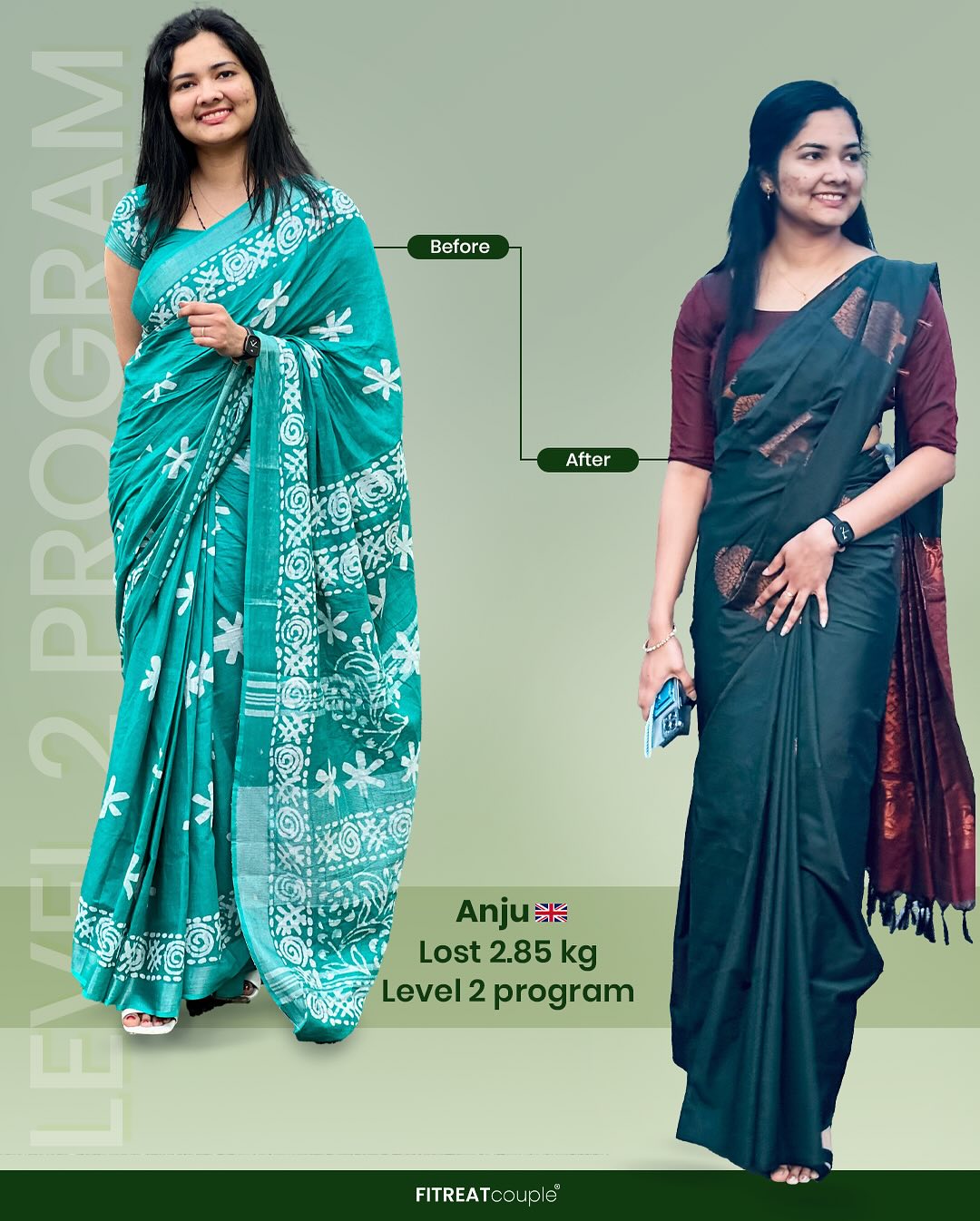 smiling and holding a testimonial card or speaking on camera, thanking Fitreat Couple for helping her lose 2 kilograms and achieve her body transformation goals."